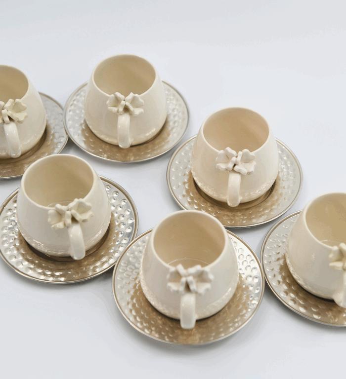 Set of 6 Ceramic Turkish Coffee  Cups with Embossed Flowers
