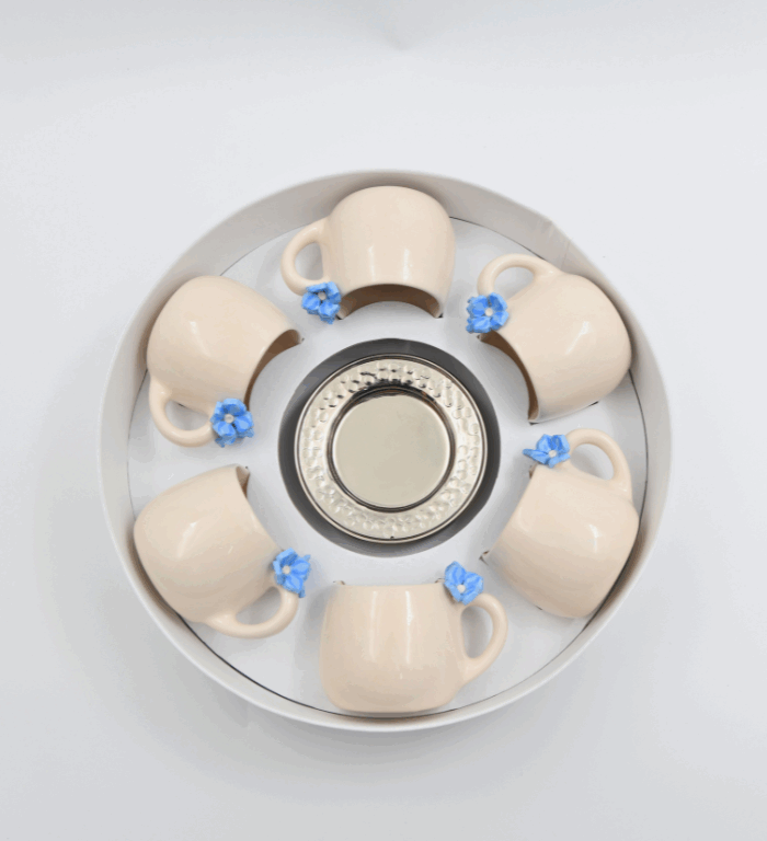 Set of 6 Ceramic Milk Coffee Cups With Embossed Flowers